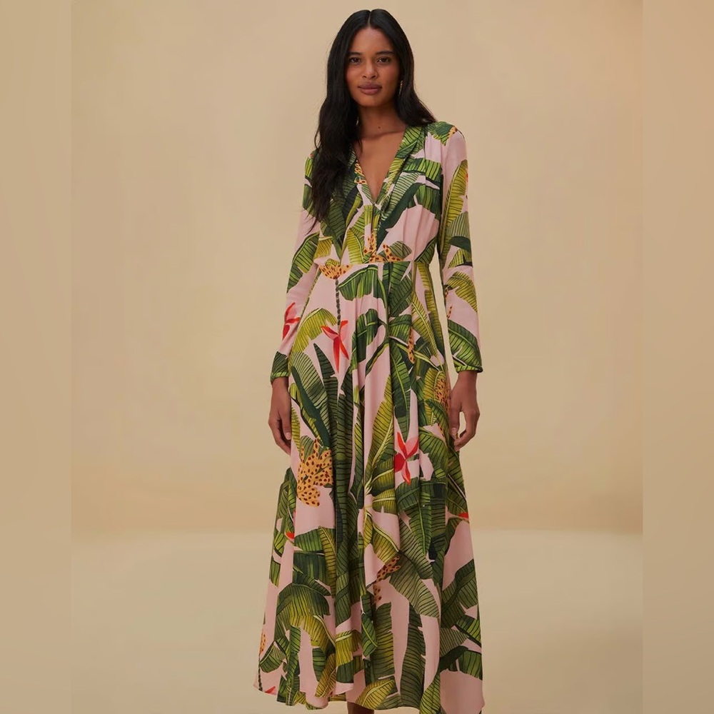 NWOT Farm Rio Pink Banana Leaves Maxi Dress (XS)